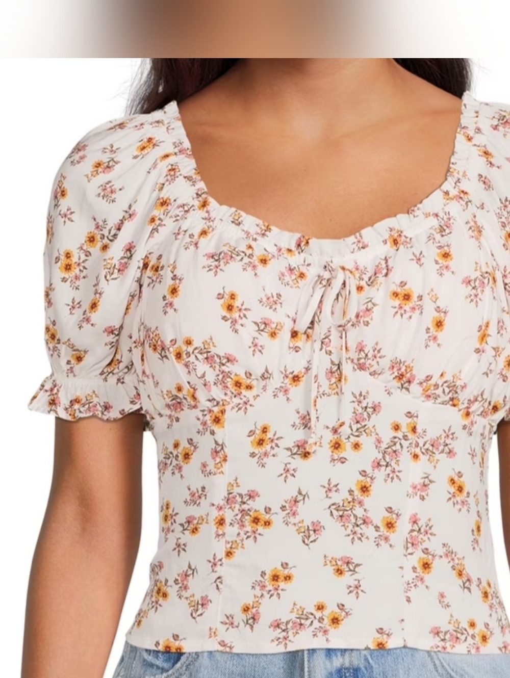 No Boundaries Juniors Ivory Floral Print Peasant Crop Top Size XXL